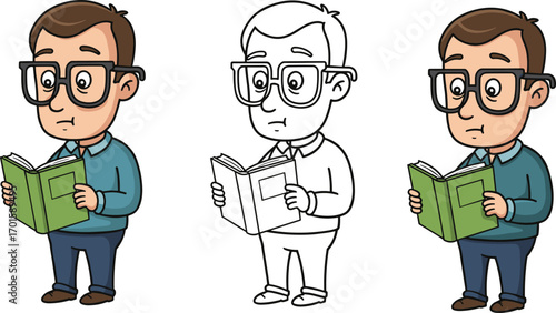 Cartoon man reading book illustration set with colored and outline versions, intellectual character studying, education and learning vector designCartoon man reading book illustration set with 