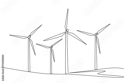 Single one line drawing some windmills in the meadow. Drive the milling machine. Technology that helps humans. View in countryside. National Windmill Day. Continuous line design graphic illustration