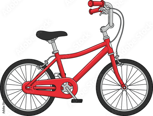Cartoon red bicycle illustration with wheels and handlebars, kids bike vector design for cycling, transportation, outdoor activity, sports, fitness themesCartoon red bicycle illustration with wheels 