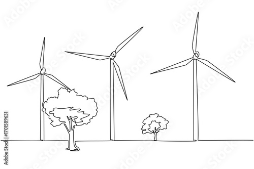 Continuous one line drawing some windmills in the meadow with some big trees. Very useful technology for irrigation. Generator. National Windmill Day. Single line draw design vector illustration