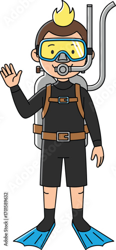 Cartoon scuba diver character in wetsuit with snorkel mask, air tank, flippers, waving hand, underwater exploration vector illustration designCartoon scuba diver character in wetsuit with snorkel mask