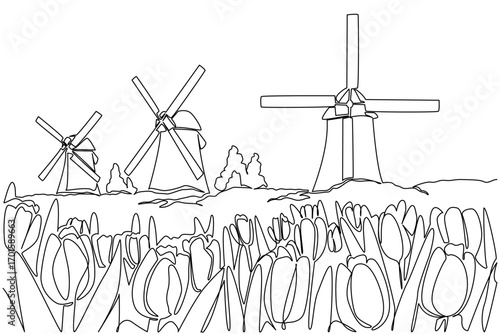 Single continuous line drawing tulip garden with some windmills. Automatic irrigation for watering large tulip flower gardens. Technology. National Windmill Day. One line design vector illustration