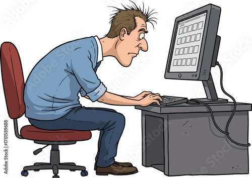 Cartoon man sitting at computer desk with bad posture, office worker illustration showing slouching, technology addiction and unhealthy lifestyleCartoon man sitting at computer desk with bad posture, 