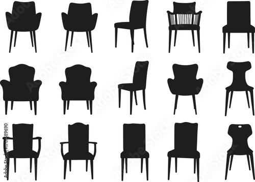 Collection of modern and classic chair silhouettes vector illustration set, black furniture icons for interior design, decoration, home decorCollection