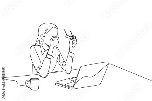 Single one line drawing businesswoman sits while taking off glasses and rubbing eyes. Working overtime takes a lot of energy. Chronic Fatigue Syndrome Day. Continuous line design graphic illustration