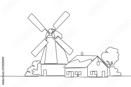 Single continuous line drawing windmill with house. Giant waterwheel to smooth irrigation channels. Eco friendly house. Balance of nature. National Windmill Day. One line design vector illustration