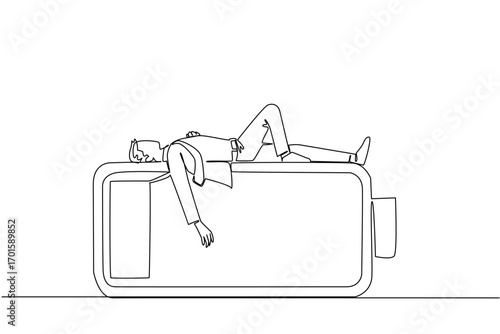 Continuous one line drawing a young businessman falls asleep on a low battery. Need additional energy for further activities. Chronic Fatigue Syndrome Day. Single line draw design vector illustration