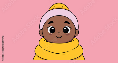 Baby girl cartoon avatar, cute Muslim baby illustration, hijab child character vector, adorable baby girl cartoon, toddler cartoon design, baby avatar doodle art, smiling child cartoon character, Isla