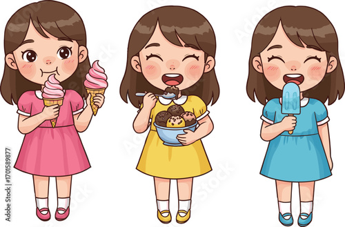 Cute cartoon girls eating ice cream, popsicle, and dessert bowl, happy children enjoying sweet food vector illustration for kids designsCute cartoon girls eating ice cream, popsicle, and dessert bowl,