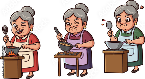Grandmother cartoon cooking illustration, senior woman chef preparing food, funny kitchen vector, baking cookies, stirring bowl, happy grandma culinary artworkGrandmother cartoon cooking illustration,