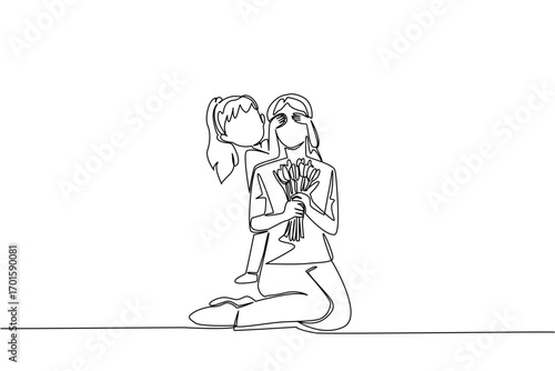 Single continuous line drawing a girl covers eyes of mother with both hands from behind. Give beautiful flowers to the most beautiful mother. Love. Day of Mother. One line design vector illustration