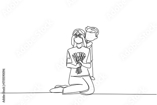 Single continuous line drawing a boy covers eyes of mother with both hands from behind. Giving a surprise to the best mother in the world. Flower. Day of Mother. One line design vector illustration