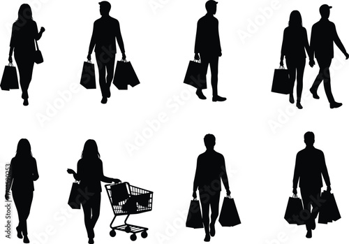 People shopping with bags and cart, silhouettes of men and women walking, retail customers, consumer lifestyle, market purchase vector illustrationPeople shopping with bags and cart, si
