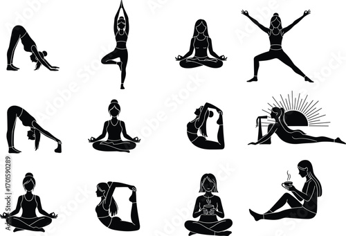 Silhouette yoga poses and meditation vector illustration of women practicing exercise, relaxation, mindfulness, and healthy lifestyle for wellness and fitnessSilhouette 