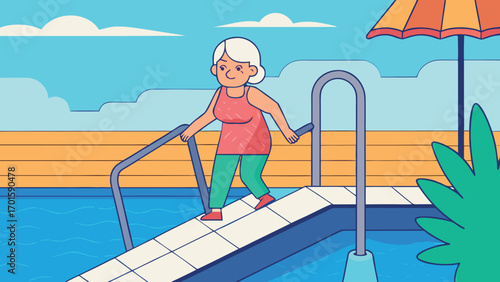 Elderly woman cartoon illustration, senior lady swimming pool vector, old woman climbing pool stairs, active lifestyle senior female, cartoon grandmother character, health and wellness vector art, sen