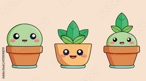Cute plant pot illustration, kawaii houseplant character, cartoon succulent drawing, adorable indoor plant art, happy potted plant vector, smiling greenery icon, decorative plant cartoon, flat eco nat