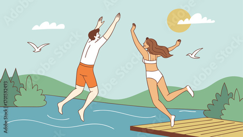 A happy couple jumping into the water from a wooden dock on a sunny summer day, surrounded by nature and birds