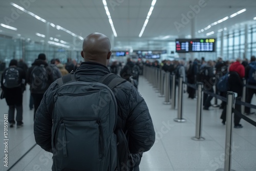 Busy airport with passengers waiting in security check line for boarding