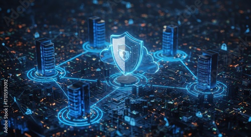 Fototapeta Naklejka Na Ścianę i Meble -  Digital network with shield icon connecting buildings over a city background.
