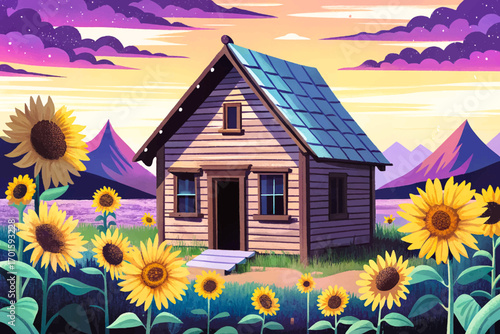 Rustic wooden cabin in sunflower field wallpaper cartoon, old hut surrounded by golden flowers and amazing sky