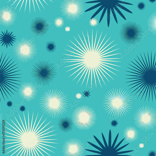 Abstract turquoise background with repeating starburst shapes in various sizes and colors., patern seamless, royalty stock.