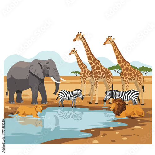 A vibrant flat 2D vector illustration shows a diverse group of African animals—elephant, giraffe, zebra, and lion cub—drinking water at a savanna watering hole under a clear sky.
