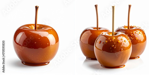 Caramel-coated apple on a stick with glossy glaze on white background
