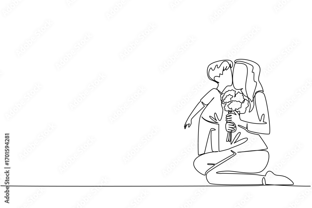 Obraz premium Single continuous line drawing a mother sitting on the floor and holding a bouquet of flowers with her son kissing her cheek. Celebration. Present. Day of Mother. One line design vector illustration