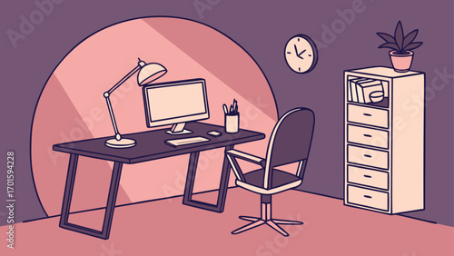 Modern minimalist home office workspace with a computer desk, chair, lamp, and bookshelf, creating a clean and organized environment for work or study