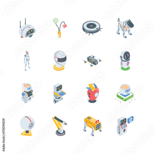 Ready to use collection of bot technology isometric style icons