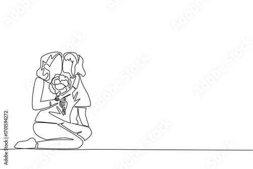 Single one line drawing a mother sitting on the floor and holding a bouquet of flowers with daughter kissing cheek. Celebrating together. Day of Mother. Continuous line design graphic illustration