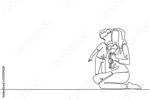 Single continuous line drawing a mother sitting on the floor and holding a bouquet of flowers with her son kissing her cheek. Celebration. Present. Day of Mother. One line design vector illustration