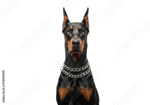 A muscular doberman pinscher dog with black fur, rust markings, and a silver chain collar, sitting attentively on a transparent studio background with copy space, concept of noble protection