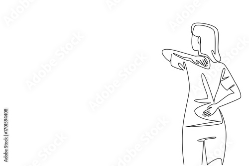 Continuous one line drawing a woman holding her neck and back. Feeling uncomfortable in body parts. Long time no exercise. Fibromyalgia Awareness Day. Single line draw design vector illustration