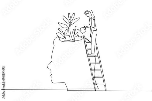 Continuous one line drawing a woman stands on the stairs and waters the head that grows 3 plants. Watering to awaken. International Day of Plant Health. Single line draw design vector illustration