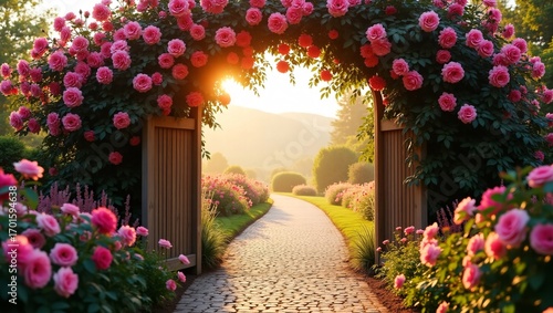 Fototapeta Naklejka Na Ścianę i Meble -  A flower arched pathway in a garden, with the sun shining through at sunset.