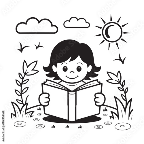 Joyful young child reading an open book outdoors in a charming silhouette style illustration