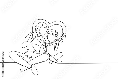 Single continuous line drawing boy and his mother sitting on the floor holding a heart shaped frame. The closeness of a boy and his mother. Mothers at the Wall Day. One line design vector illustration