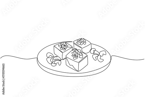 Single one line drawing nutty fudge on a round wooden cutting board and cashew nuts. A cake with naturally sweet and savory taste. National Nutty Fudge Day. Continuous line design graphic illustration
