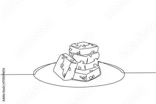 Continuous one line drawing stacks of nutty fudge and one leans back. Dish that will make it easy for consumer. Natural sweetness. National Nutty Fudge Day. Single line draw design vector illustration