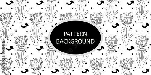 Outline popular coral reef pattern background. Coral reef or seaweeds vector underwater plant icons. Naive style leaves, algae or fronds. Hand drawn vector ink illustration. Corals and seaweed.