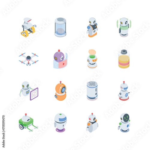 Ready to use modern bundle of robot device isometric icons