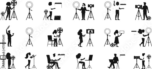 Vector illustration set of vloggers influencers recording videos with ring light tripod smartphone camera for online streaming social media