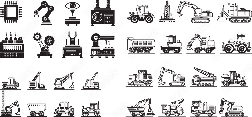 Fototapeta premium A vector illustration set of vintage farm animals and industrial transportation vehicles