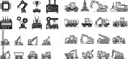 A vector illustration set of vintage farm animals and industrial transportation vehicles