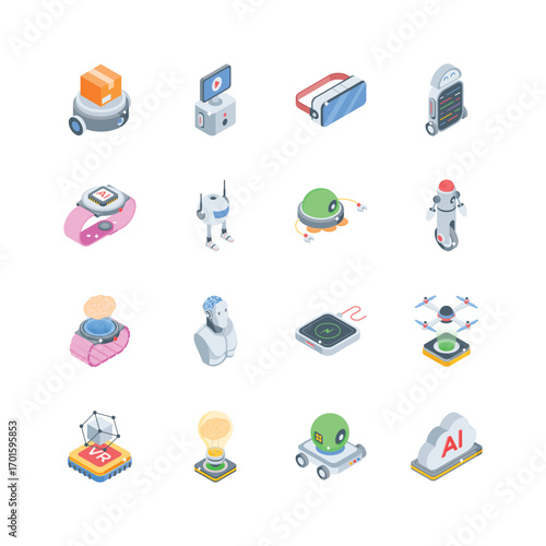Get this handy set showing robot innovation isometric style icons