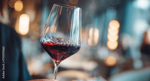 Red wine in a stemmed glass, blurred restaurant setting