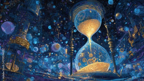 A mystical hourglass within a cosmic city