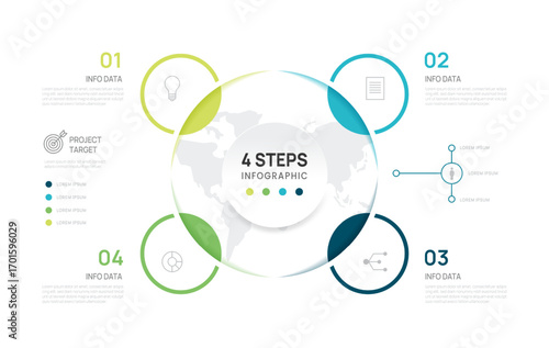 Venn diagram business infographic chart world circle template 4 steps options, presentation with venn diagram elements vector illustration.