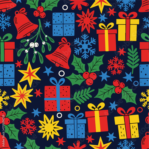 Festive Christmas pattern with gifts, bells, snowflakes, and holly berries, seamless pattern, Stock royalty free image.
